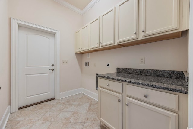 8444 Juxa Dr, Myrtle Beach, SC 29579 - laundry area with ornamental molding, electric dryer hookup, washer hookup, and cabinet space