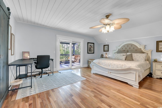 106 Furman Cir, Conway, SC 29526 - bedroom featuring access to exterior, light wood finished floors, an office area, wood ceiling, and a ceiling fan