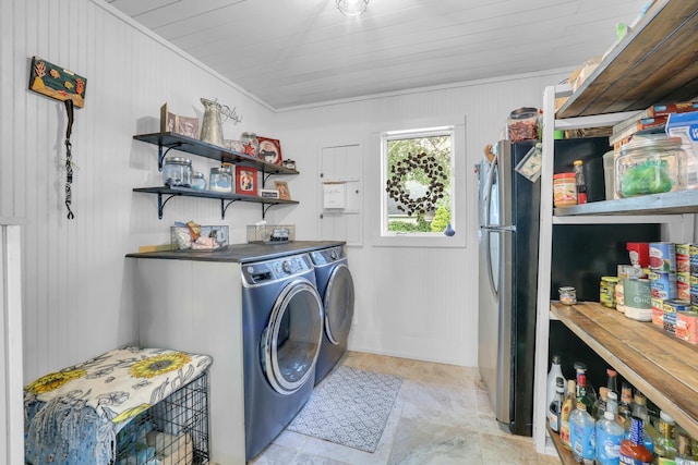 106 Furman Cir, Conway, SC 29526 - laundry area featuring washer and dryer, ornamental molding, wooden walls, and wood ceiling