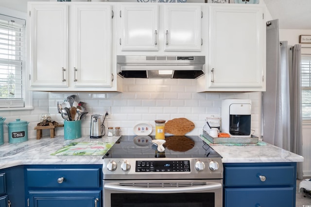 919 Dock Pl, Murrells Inlet, SC 29576 - kitchen featuring stainless steel electric range, under cabinet range hood, blue cabinetry, light countertops, and white cabinets