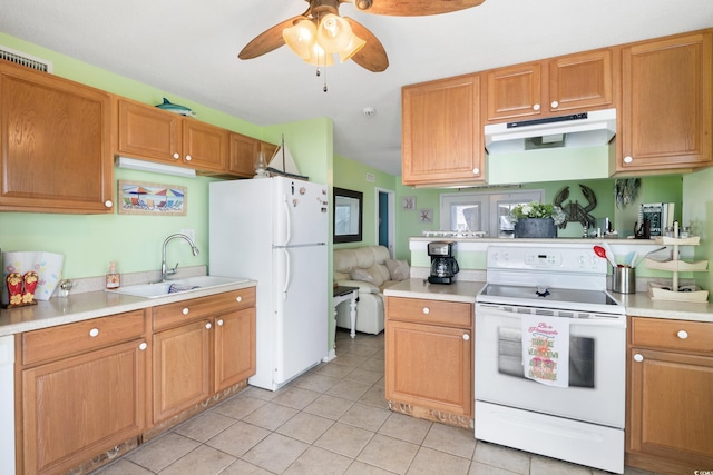 919 Dock Pl, Murrells Inlet, SC 29576 - kitchen featuring white appliances, exhaust hood, a ceiling fan, and light countertops