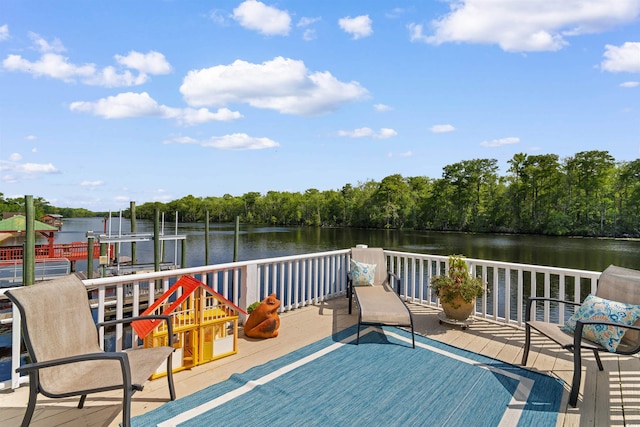 460 River Front St S, Conway, SC 29527 - wooden deck with a water view, boat lift, and a dock