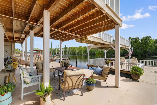 460 River Front St S, Conway, SC 29527 - view of patio with a water view, a dock, and boat lift