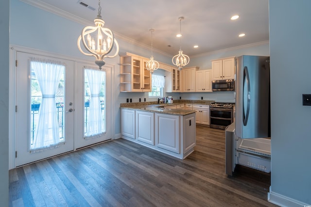 4302 Grande Harbour Blvd Unit 4302, Little River, SC 29566 - kitchen featuring appliances with stainless steel finishes, french doors, a chandelier, a peninsula, and ornamental molding