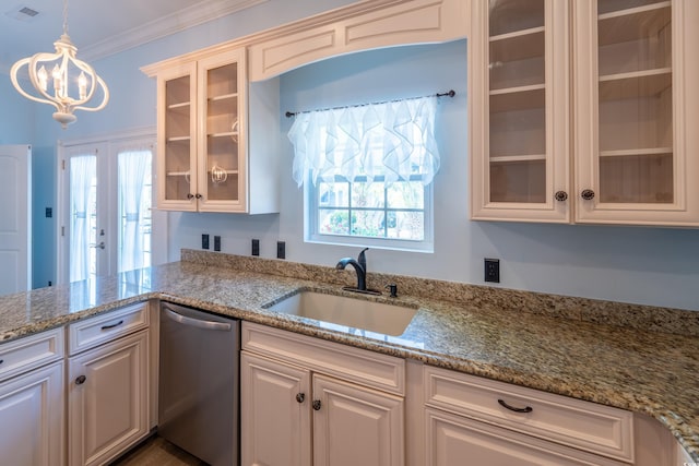 4302 Grande Harbour Blvd Unit 4302, Little River, SC 29566 - kitchen with stainless steel dishwasher, a chandelier, crown molding, light stone countertops, and pendant lighting