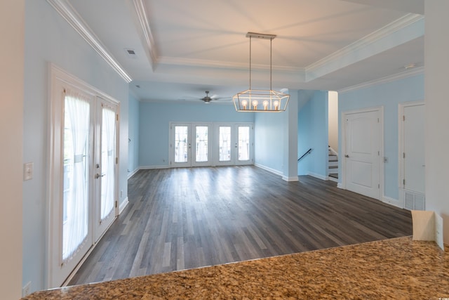 4302 Grande Harbour Blvd Unit 4302, Little River, SC 29566 - unfurnished dining area with french doors, a raised ceiling, wood finished floors, a chandelier, and ornamental molding