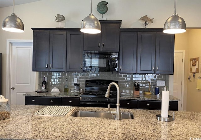 216 Coral Beach Cir, Myrtle Beach, SC 29575 - kitchen with black appliances, tasteful backsplash, and light stone counters