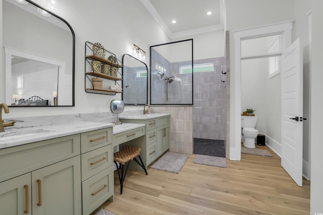 1320 James Island Ave, North Myrtle Beach, SC 29582 - full bath featuring vanity, a walk in shower, wood finished floors, and crown molding