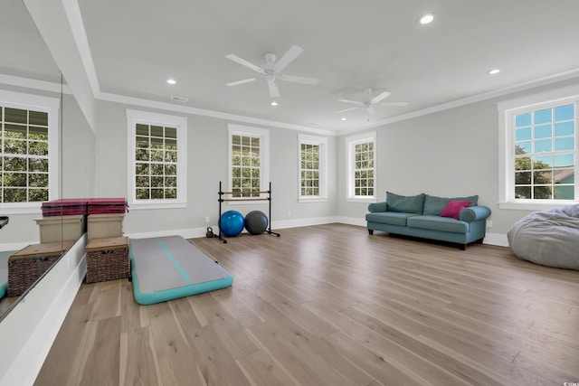 1320 James Island Ave, North Myrtle Beach, SC 29582 - exercise room featuring recessed lighting, wood finished floors, crown molding, a ceiling fan, and plenty of natural light