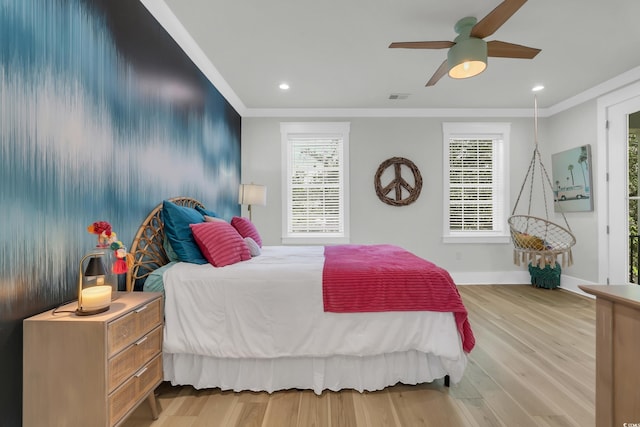 1320 James Island Ave, North Myrtle Beach, SC 29582 - bedroom featuring wood finished floors, ornamental molding, recessed lighting, and ceiling fan