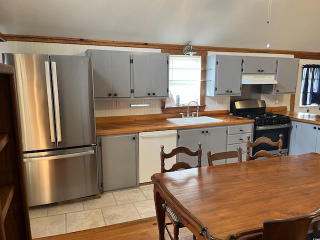 673 Brick Chimney Rd, Georgetown, SC 29440 - kitchen with appliances with stainless steel finishes, under cabinet range hood, gray cabinets, and butcher block countertops