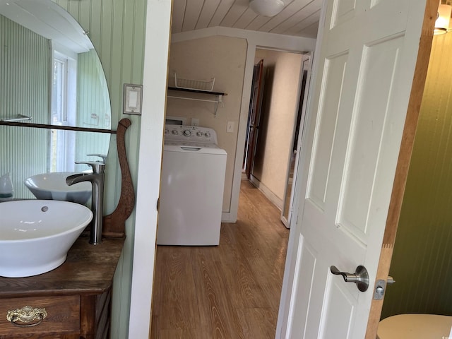 673 Brick Chimney Rd, Georgetown, SC 29440 - bathroom with washer / dryer, wood finished floors, and wooden ceiling
