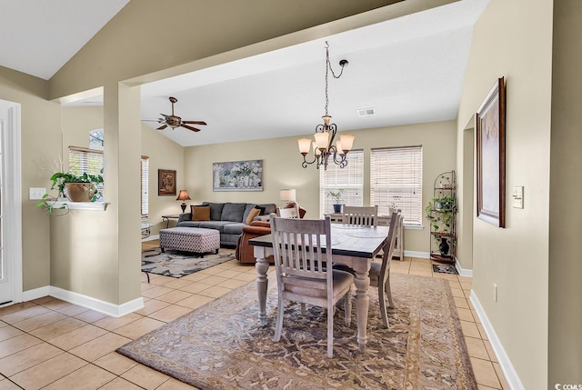 241 Carolina Crossing Blvd, Little River, SC 29566 - dining space with vaulted ceiling, light tile patterned floors, a chandelier, and ceiling fan