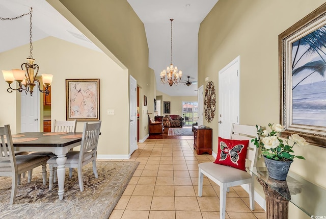 241 Carolina Crossing Blvd, Little River, SC 29566 - dining space with a chandelier, light tile patterned floors, and high vaulted ceiling