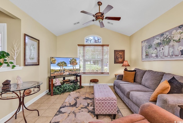 241 Carolina Crossing Blvd, Little River, SC 29566 - living room with light tile patterned floors, a ceiling fan, and lofted ceiling