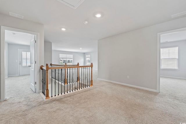 9051 Fort Hill Way, Myrtle Beach, SC 29579 - hallway with an upstairs landing, carpet, attic access, and recessed lighting