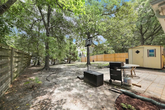 4233 Mica Ave, Little River, SC 29566 - fenced backyard featuring a shed, a patio area, view of scattered trees, and a grill