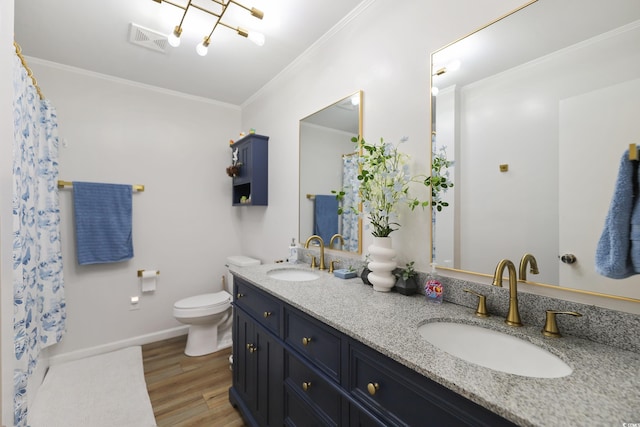 4233 Mica Ave, Little River, SC 29566 - full bathroom featuring double vanity, wood finished floors, crown molding, curtained shower, and a chandelier