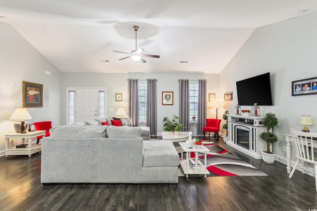 116 Olympus Ln, Conway, SC 29527 - living area with dark wood-style flooring, ceiling fan, and high vaulted ceiling