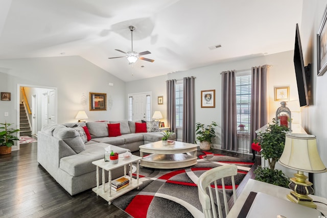 116 Olympus Ln, Conway, SC 29527 - living area with lofted ceiling, dark wood-style floors, stairs, and a ceiling fan