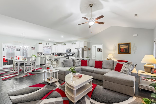 116 Olympus Ln, Conway, SC 29527 - living area featuring a ceiling fan, wood finished floors, recessed lighting, vaulted ceiling, and a chandelier