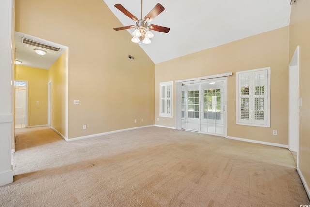 3484 Trailside Dr, Little River, SC 29566 - carpeted empty room featuring high vaulted ceiling and a ceiling fan