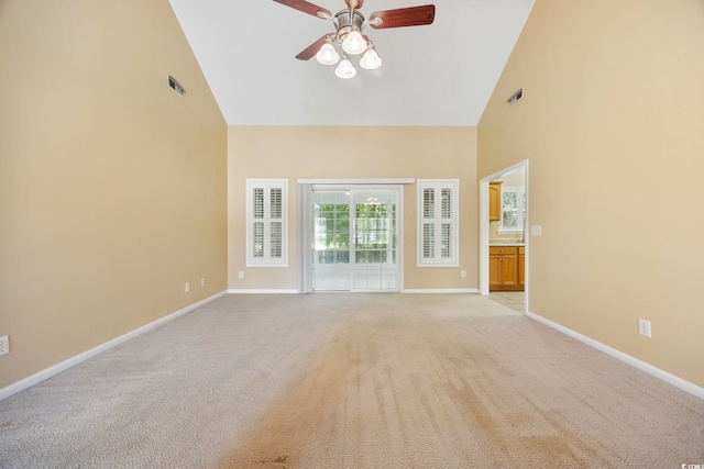 3484 Trailside Dr, Little River, SC 29566 - unfurnished living room featuring high vaulted ceiling, a ceiling fan, and light carpet