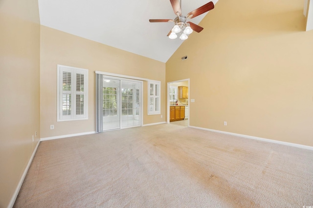 3484 Trailside Dr, Little River, SC 29566 - empty room featuring high vaulted ceiling, ceiling fan, and light colored carpet