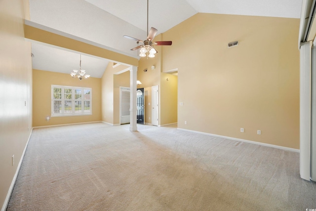 3484 Trailside Dr, Little River, SC 29566 - empty room featuring a chandelier, light carpet, ceiling fan, decorative columns, and high vaulted ceiling