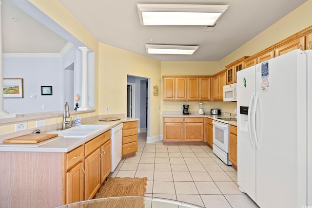 2180 Waterview Dr Unit 332, North Myrtle Beach, SC 29582 - kitchen with white appliances, light tile patterned floors, light countertops, glass insert cabinets, and ornamental molding