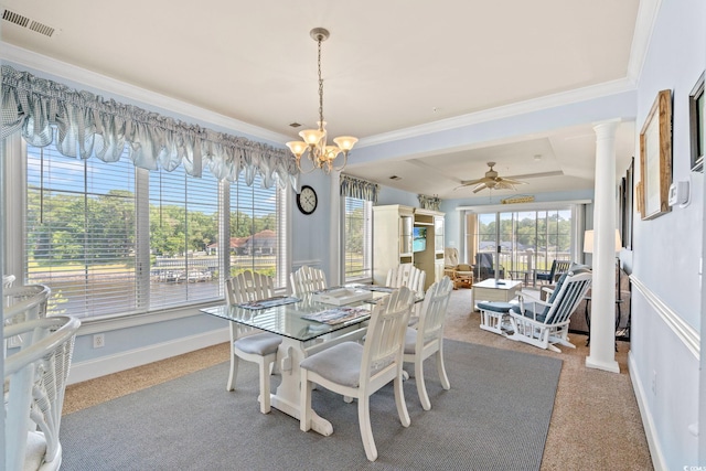 2180 Waterview Dr Unit 332, North Myrtle Beach, SC 29582 - dining area with ornamental molding, carpet, decorative columns, ceiling fan, and a chandelier