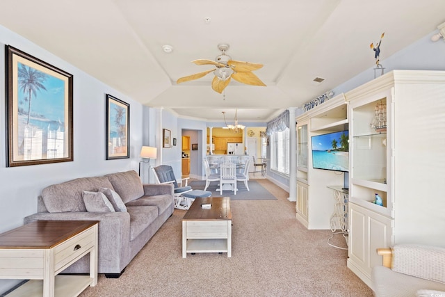 2180 Waterview Dr Unit 332, North Myrtle Beach, SC 29582 - living area with a ceiling fan, carpet flooring, a chandelier, and a tray ceiling