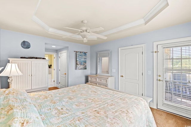 2180 Waterview Dr Unit 332, North Myrtle Beach, SC 29582 - carpeted bedroom with a raised ceiling, ornamental molding, access to exterior, ensuite bath, and a ceiling fan