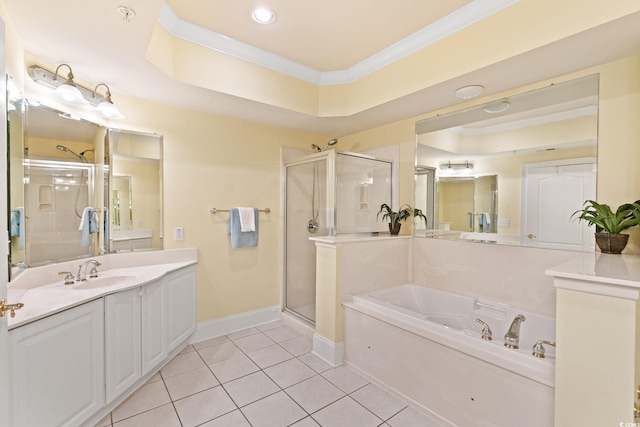 2180 Waterview Dr Unit 332, North Myrtle Beach, SC 29582 - bathroom featuring tile patterned floors, a stall shower, a bath, ornamental molding, and vanity