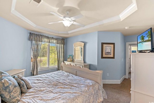 2180 Waterview Dr Unit 332, North Myrtle Beach, SC 29582 - bedroom featuring a raised ceiling, carpet floors, ornamental molding, and ceiling fan