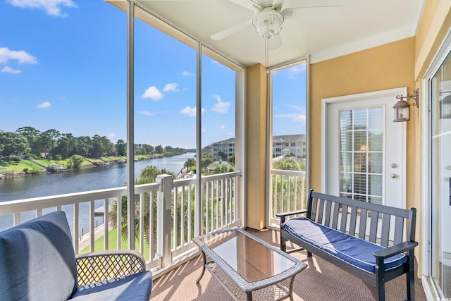 2180 Waterview Dr Unit 332, North Myrtle Beach, SC 29582 - sunroom featuring a water view and ceiling fan