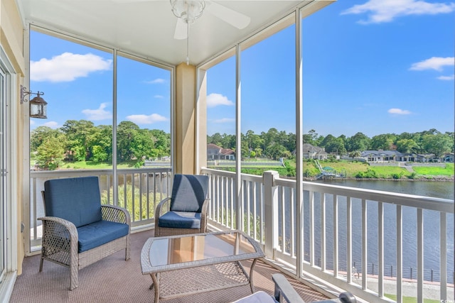 2180 Waterview Dr Unit 332, North Myrtle Beach, SC 29582 - sunroom / solarium featuring ceiling fan, a water view, and view of wooded area