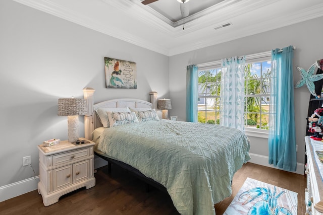 405 Palo Verde Dr, Myrtle Beach, SC 29579 - bedroom with ornamental molding, wood finished floors, a raised ceiling, and a ceiling fan