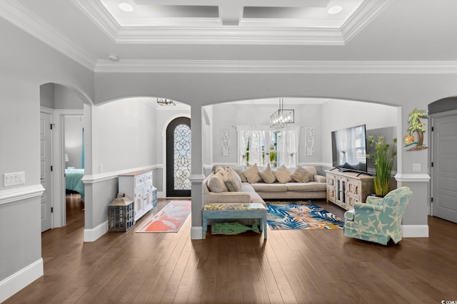 405 Palo Verde Dr, Myrtle Beach, SC 29579 - living room featuring arched walkways, wood finished floors, ornamental molding, and a chandelier