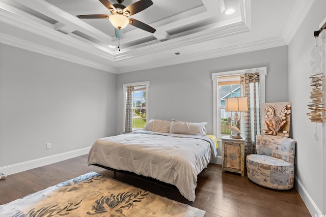 405 Palo Verde Dr, Myrtle Beach, SC 29579 - bedroom featuring multiple windows, dark wood-style flooring, ornamental molding, coffered ceiling, and ceiling fan