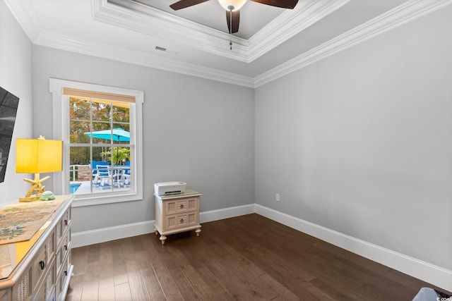 405 Palo Verde Dr, Myrtle Beach, SC 29579 - interior space featuring ceiling fan, dark wood-type flooring, a raised ceiling, and crown molding