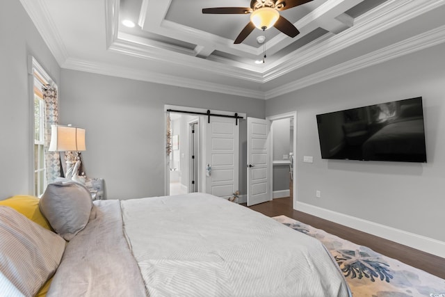 405 Palo Verde Dr, Myrtle Beach, SC 29579 - bedroom with a barn door, wood finished floors, crown molding, and ceiling fan
