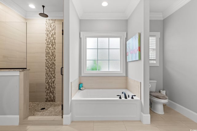 405 Palo Verde Dr, Myrtle Beach, SC 29579 - full bath with a bath, a stall shower, ornamental molding, tile patterned flooring, and recessed lighting