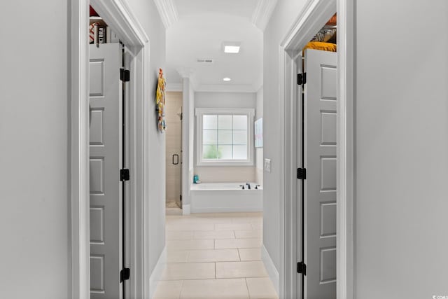 405 Palo Verde Dr, Myrtle Beach, SC 29579 - hallway featuring ornamental molding and light tile patterned flooring