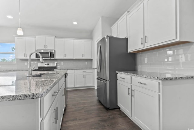 225 Astoria Park Loop, Conway, SC 29526 - kitchen with stainless steel appliances, white cabinets, recessed lighting, backsplash, and dark wood-style flooring