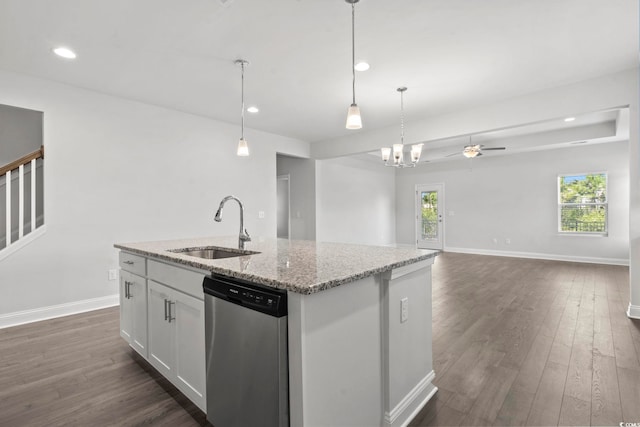 225 Astoria Park Loop, Conway, SC 29526 - kitchen with dishwasher, dark wood-style floors, recessed lighting, a ceiling fan, and white cabinetry