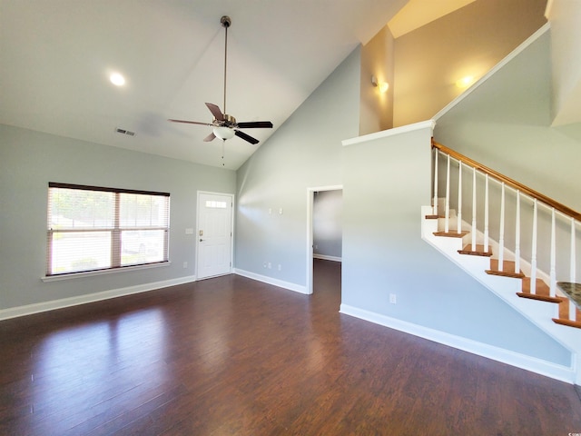 1017 Dinger Dr Unit 1017, Myrtle Beach, SC 29588 - unfurnished living room with a ceiling fan, wood finished floors, stairs, and high vaulted ceiling