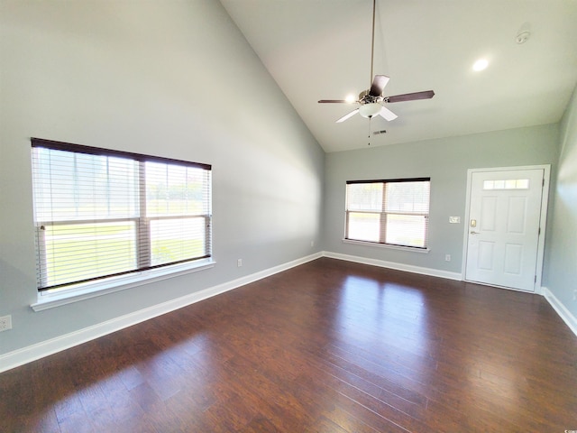 1017 Dinger Dr Unit 1017, Myrtle Beach, SC 29588 - empty room featuring a ceiling fan, high vaulted ceiling, dark wood-type flooring, and a smoke detector