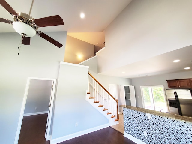1017 Dinger Dr Unit 1017, Myrtle Beach, SC 29588 - staircase featuring a ceiling fan, wood finished floors, a towering ceiling, and recessed lighting