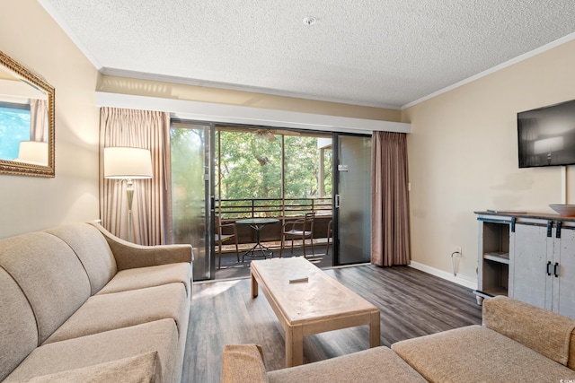 415 Ocean Creek Dr Unit 2243, Myrtle Beach, SC 29572 - living area with crown molding, a textured ceiling, and wood finished floors
